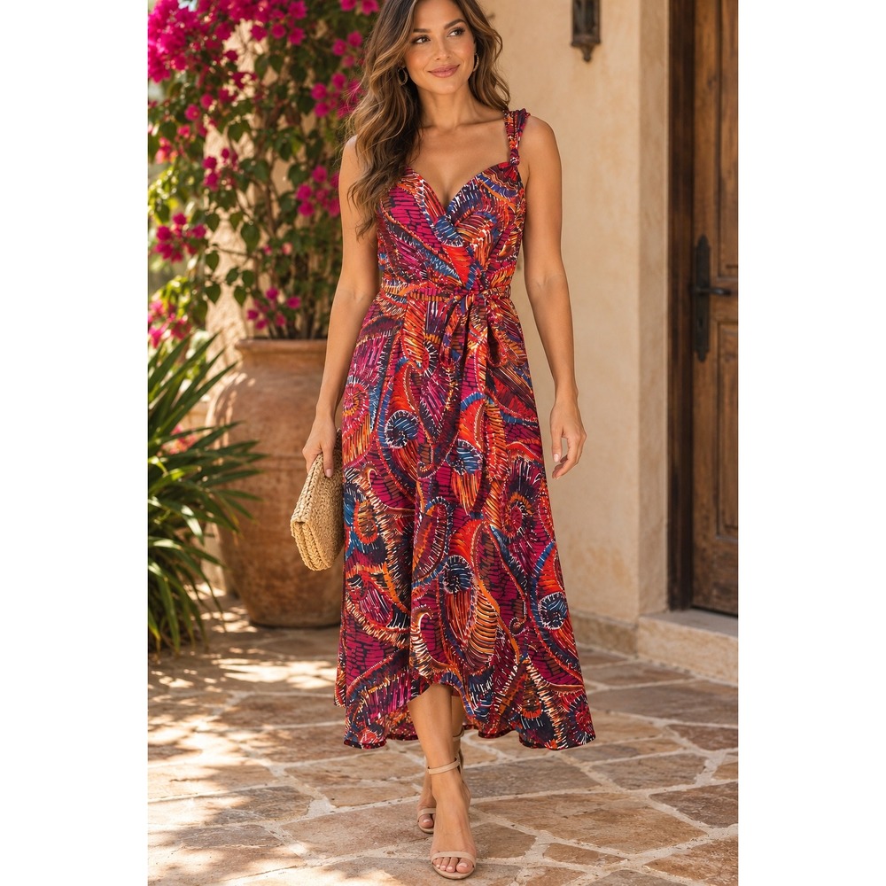 London Times Maxi Dress Women's 4 Maximalist Party Boho Abstract Print Wrap